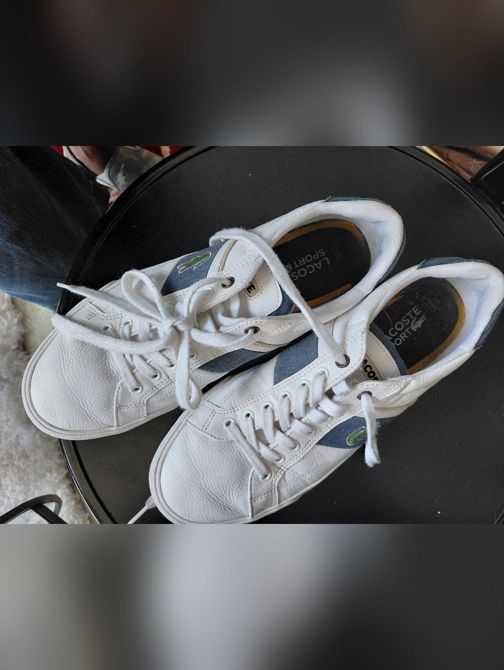 Lacoste White Sneakers with Blue Panels and Green Croc